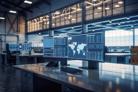Large screens display real-time delivery and route data in a busy logistics control center within an industrial facility.の素材