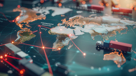 The map illustrates major global transport routes with various transport icons, emphasizing international logistics and connectivity.の素材