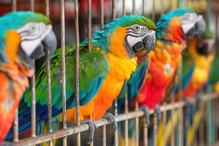 Brightly colored parrots rest on their perches, displaying vivid plumage in a well-designed indoor cage filled with natural elements.の素材