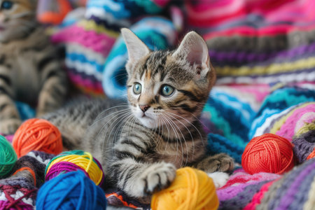 Two kittens happily explore and play with colorful yarn balls and toys on a bright, cozy blanket, showing their playful nature.の素材