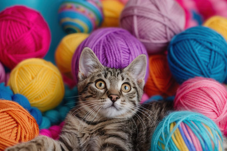 Kittens are having fun surrounded by colorful yarn balls and toys, showcasing their playful nature in a lively atmosphere.の素材
