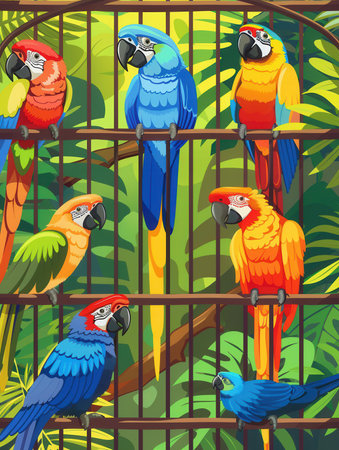 Vibrant parrots display their stunning plumage while perched in an intricately designed cage amidst a lush, tropical backdrop.の素材