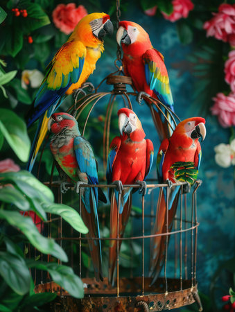 Five striking parrots display their colorful feathers while resting in an ornate cage with floral accents and greenery nearby.の素材