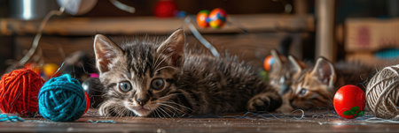 Kittens are joyfully playing with vibrant yarn balls and various toys in a warm, inviting indoor environment.の素材