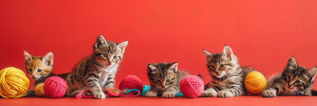 Five lively kittens joyfully engage with vibrant yarn and colorful balls, showing their playful nature in a cheerful atmosphere.の素材
