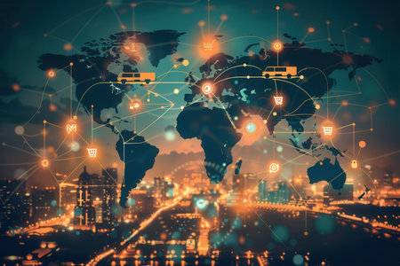 Highlighted transport routes on a world map depicting connections between major cities and regions using various transportation icons.の素材
