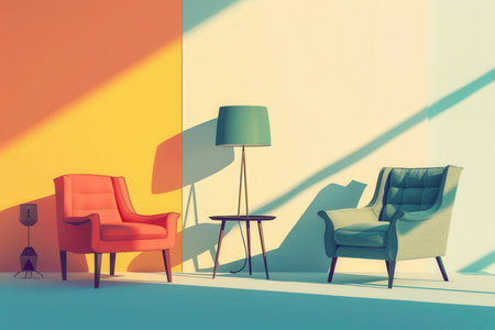 Various silhouettes of furniture, featuring an armchair, table, and lamp, create an elegant atmosphere on a light gradient backdrop.の素材