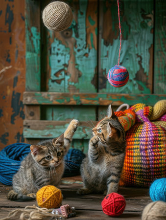 Two adorable kittens are actively playing with vibrant yarn balls, delighting in their fun and lively afternoon activity.の素材