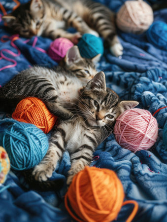 Curious kittens chase, pounce, and play with vibrant yarn balls on a soft blue blanket, creating a delightful atmosphere.の素材