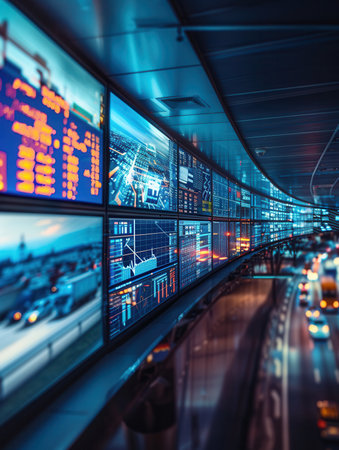 The logistics control center is actively monitoring delivery routes with multiple large screens showing live data updates.の素材