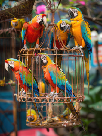 Colorful parrots are perched playfully inside a decorative cage, surrounded by lush plants in a sunlit garden.の素材