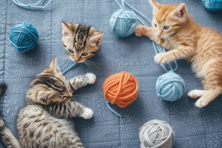 Three playful cats engage with yarn balls, chasing and pouncing in a cozy indoor setting filled with warmth and sunlight.の素材