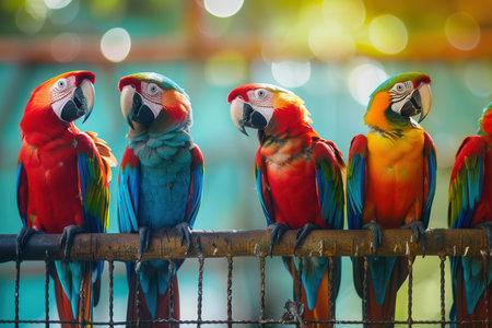 A group of vividly colored parrots sits closely together in a well-designed cage, displaying their stunning plumage under sunlight.の素材