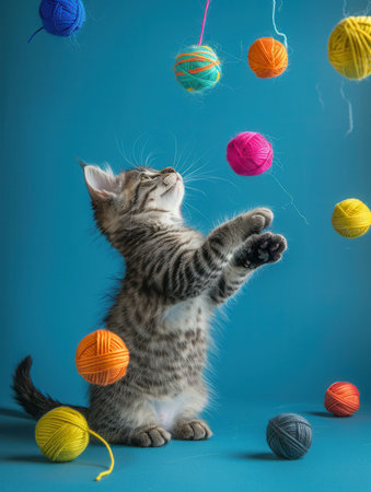 A couple of lively kittens engage with colorful yarn balls, showcasing their playful nature against a vibrant blue background.の素材
