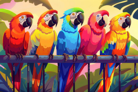 Five vibrant parrots of varying colors are perched closely together in an exquisite cage, set against a lush background of tropical foliage.の素材