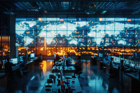 A busy logistics control center operates with large screens displaying real-time delivery routes and operational data.の素材