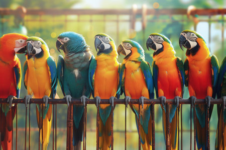 Brightly colored parrots sit closely in a beautifully crafted cage, enjoying the warm sunlight of a tranquil garden setting.の素材