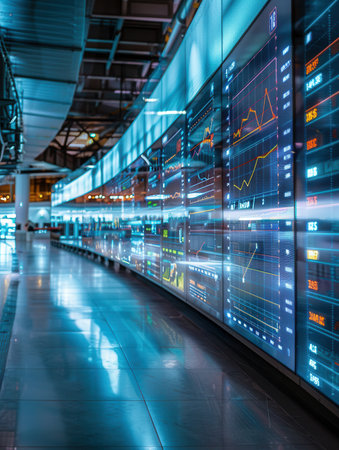 The logistics control center is actively monitoring delivery routes and operational data through expansive digital displays.の素材