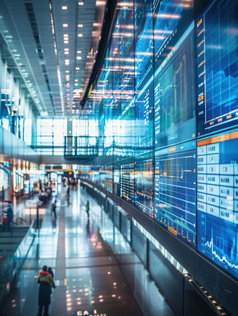 The logistics control center displays extensive data on delivery routes and schedules, actively monitoring operations and traffic.の素材