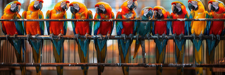 A vibrant array of parrots sits closely on a wooden perch inside a spacious, ornate cage, showing their brilliant plumage and lively presence.の素材