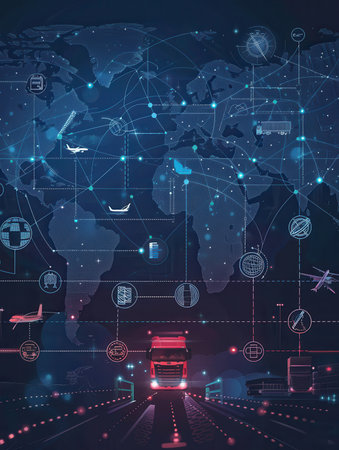 Highlighted transport routes span a global map, showcasing various types of transport icons linking key international locations.の素材