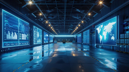 Inside a modern logistics control center, large screens display live delivery statistics and route planning for efficient operations.の素材