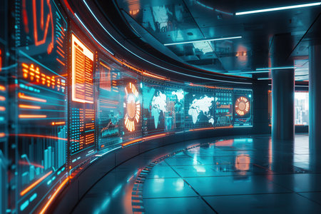 The logistics control center features extensive displays with real-time data on delivery routes and tracking for efficient operations.の素材