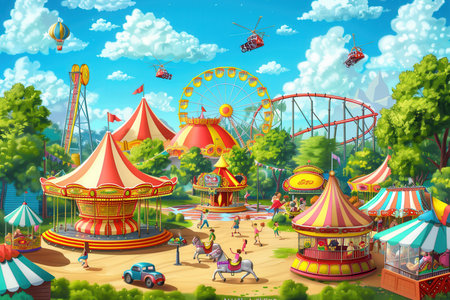 Families and friends gather at a lively amusement park filled with colorful carousels, exhilarating roller coasters, and laughter.の素材