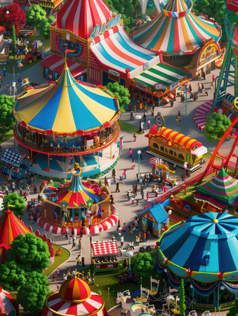 Visitors delight in an amusement park filled with colorful carousels, roller coasters, and lively crowds enjoying various attractions.の素材