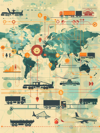 A world map illustrates important transport routes, showing different types of vehicles and their connections across the globe.の素材