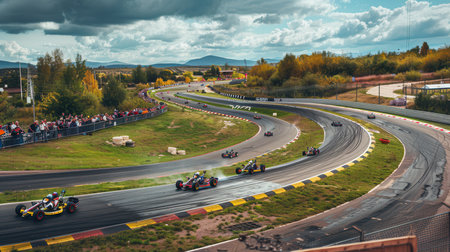 Racers navigate tight turns on the go-kart track while a crowd of spectators cheers from the sidelines under a dynamic sky.の素材