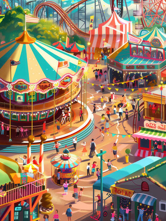 Families and friends explore the amusement park, riding carousels and roller coasters while soaking up the joyful atmosphere together.の素材