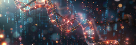 A detailed 3D DNA strand displays overlaying digital data including binary code and data streams, highlighting genetic advancements.の素材