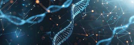 Dynamic 3D representation of a DNA strand intertwined with digital data, showing the fusion of biology and technology.の素材