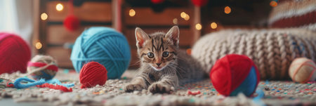 Kittens are joyfully playing with vibrant yarn and soft balls scattered across a warm, inviting living room floor.の素材