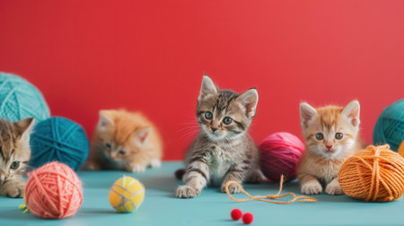 Playful kittens explore colorful yarn and toys, enjoying an entertaining afternoon filled with curiosity and joy.の素材