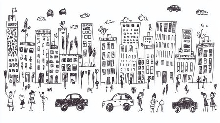 Playful illustrations depict a bustling urban environment filled with cars, people, and unique city elements, capturing daily life.の素材