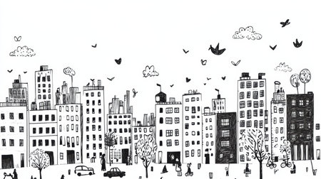 A colorful illustration captures a busy urban environment with doodled buildings, cars, and people, creating a lively city atmosphere.の素材