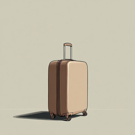 A suitcase with a clean, sharp design is depicted, standing upright on a flat surface, embodying simplicity and functionality.の素材