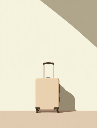 The suitcase stands alone in a minimalist space, bathed in soft light that highlights its clean design and sharp lines.の素材
