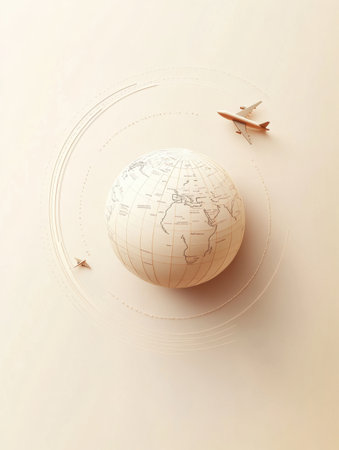 An airplane is depicted with a trail around a minimalist globe, capturing the essence of international travel and exploration.の素材
