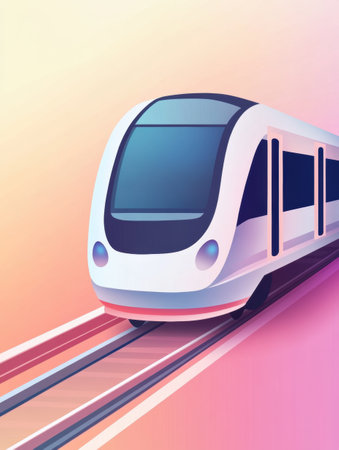 A sleek, minimalist train design travels along smooth tracks, set against a calming pastel background at dusk.の素材