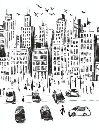 Colorful street scenes filled with hand-drawn buildings, cars, and lively pedestrians create an energetic atmosphere of urban life.の素材