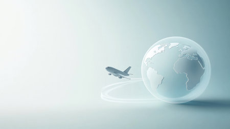 An airplane departs from a globe, leaving a trail that symbolizes the excitement of global travel and adventures to distant lands.の素材