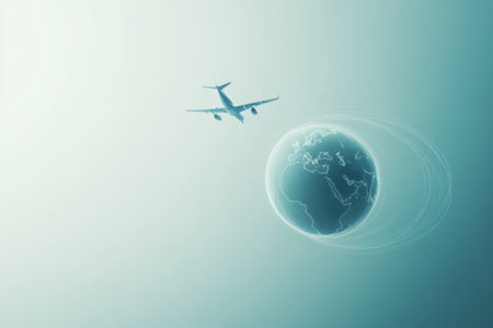 An airplane leaves a trail around a minimalist globe, symbolizing the spirit of international travel and the excitement of adventure.の素材