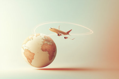 An airplane flies around a globe, leaving a curved trail that signifies international travel and the excitement of exploration.の素材