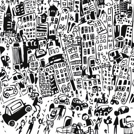 Vibrant hand-drawn urban doodles depicting busy city life with buildings, cars, and people engaged in everyday activities.の素材