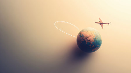 A globe showcases continents as an airplane marks a trail around it, embodying the spirit of adventure in global travel.の素材
