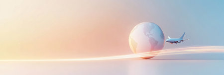 An airplane departs from a minimalist globe, creating a travel trail, evoking a sense of adventure and global exploration.の素材