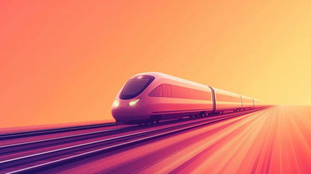 A sleek train icon moves effortlessly along railway tracks, bathed in warm sunset hues, symbolizing modern transportation.の素材
